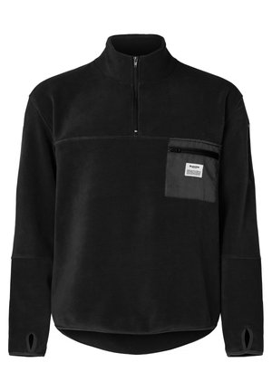 Černý fleecový pulover s polovičním zipem, zahrnující přední kapsu, nastavitelnými manžetami s otvory a zakřiveným lemem pro snadný pohyb.