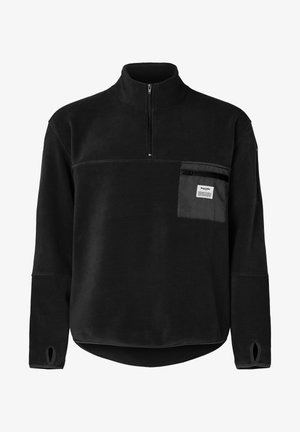 Schwarzer Fleece-Pullover mit halbseitigem Reißverschluss, ausgestattet mit einer Vorderseite Tasche, verstellbaren Bündchen mit Öffnungen und einem abgerundeten Saum für mehr Bewegungsfreiheit.