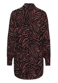 Long-sleeve shirt featuring a maroon and black zebra stripe pattern, made of soft fabric, with a classic collar and button-up front.