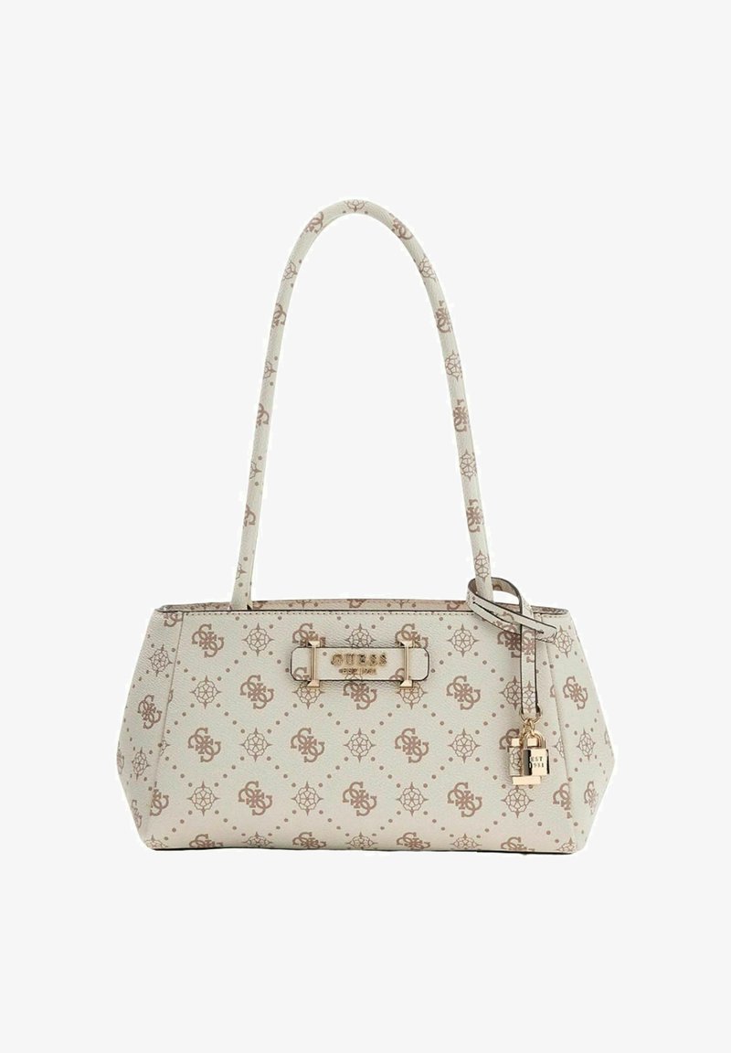 Sac à main beige avec motif de logo en relief, ferrures dorées et un accent de cadenas. Dispose de longues poignées arrondies et d'une silhouette structurée.