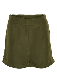 Zielone, lekkie szorty z szerokim, elastycznym paskiem, plisowanym przodem i podwiniętymi nogawkami, o gładkiej teksturze i luźnym kroju.