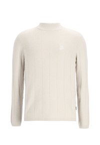 Jersey de punto acanalado en color beige con cuello alto, mangas largas y un pequeño logotipo cuadrado en la parte superior del pecho.