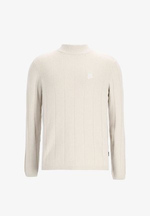 Béžový rebrovaný pletený sveter s vysokým golierom, dlhými rukávmi a malým štvorcovým logom na hornej časti hrude.
