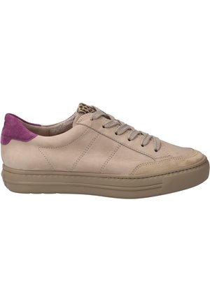 Beige leather sneakers with a textured surface. Features purple suede on the heel and a lace-up design. Rubber sole and subtle stitching details.