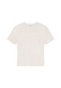 T-shirt crème à manches courtes en coton doux, avec un col rond et un texte subtil "Oh April" en design légèrement en relief sur le devant.