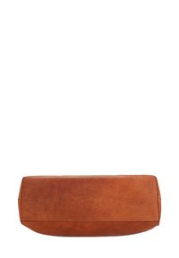 Brown leather cosmetic bag with a rectangular shape and smooth texture. Features clean stitching and a zip closure at the top.