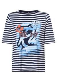 Striped short-sleeve T-shirt in navy and white, featuring a graphic design with colored flowers and text reading "BE MY" in the center.