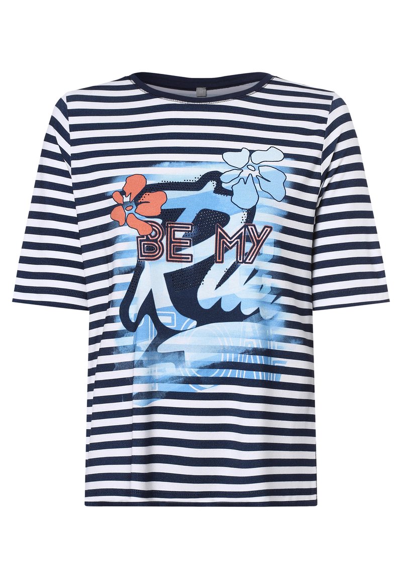 Striped short-sleeve T-shirt in navy and white, featuring a graphic design with colored flowers and text reading "BE MY" in the center.
