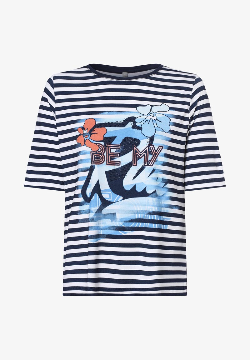 Striped short-sleeve T-shirt in navy and white, featuring a graphic design with colored flowers and text reading "BE MY" in the center.