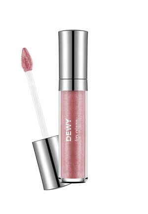 Glänzender rosa Lipgloss mit silbernem Verschluss, beschriftet mit "DEWY lip glaze," und Applikatorstab mit weicher, schräger Schwammbürste.