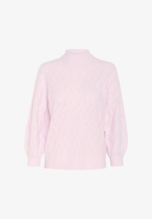 Suéter de punto rosa claro con cuello alto, que presenta un patrón de trenzas, mangas abullonadas y puños y dobladillo acanalados.