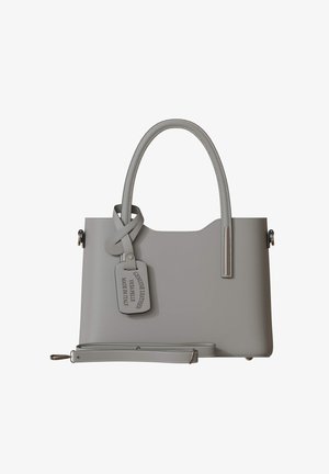 Grey leather handbag with smooth texture, a structured design, dual handles, and a detachable shoulder strap. Features a leather tag with "Genuine Leather."