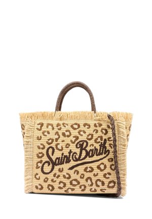 Borsa tote intrecciata in paglia con stampa leopardata, bordi con frange e "Saint Barth" ricamato in corsivo marrone sul pannello frontale.