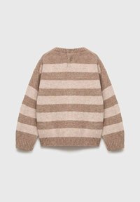 Gestreifter Pullover in Braun und Beige, gestrickte Textur, runder Halsausschnitt, drei Knöpfe am Rücken, gerippte Ärmelbündchen und Saum.