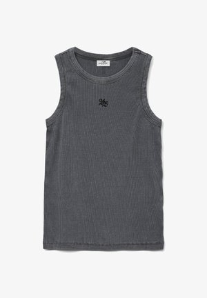 Anthrazitgraues, geripptes ärmelloses Tanktop mit Rundhalsausschnitt und kleinem, schwarzem, gesticktem Logo in der Mitte der Brust.
