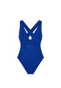 Modrý jednodielny plavky s prekríženým dizajnom na chrbte. Má hlboký výstrih do V a hladkú textúru. Vyrobené z elastickej látky.