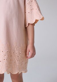 Vestido rosa pálido con mangas festoneadas, con intrincados bordados florales y patrones calados a lo largo del dobladillo.