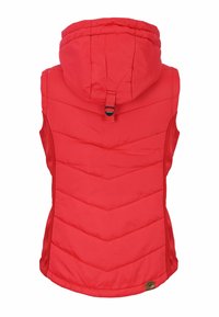 Red padded vest with a chevron pattern, equipped with a hood and adjustable strap. Features a side logo patch and smooth texture.