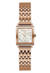 Orologio quadrato in oro rosa con quadrante in madreperla, numeri romani XII e VI, dettagli tempestati di diamanti e bracciale a maglie testurizzate.