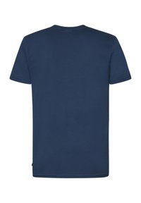Navyblauwe katoenen T-shirt met korte mouwen, ronde halslijn en een eenvoudig, effen ontwerp. Geen zichtbare logo's of patronen.