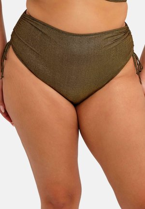 Bas de bikini taille haute en tissu vert olive métallisé, avec des détails plissés et des liens latéraux ajustables pour un ajustement personnalisable.