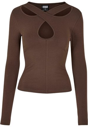 Top marrón de manga larga ajustado con diseño de cortes cruzados y escote con abertura en forma de ojo de cerradura, marca Urban Classics, talla XS.