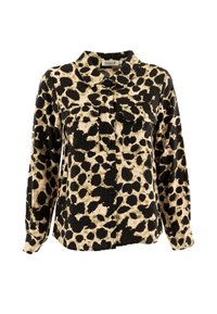Camicia a maniche lunghe con stampa animale irregolare a macchie nere e beige e due tasche sul petto.