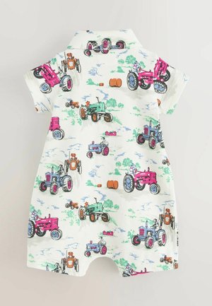 Kreemivärviline lühikeste käistega overall, millel on roosa, roheline ja sinine traktorite illustreerimine, terava kraega ja nööbike closure.