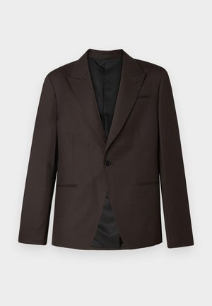 Brown pinstriped blazer with notched lapels, two front pockets, single button closure, and a satin interior lining.
