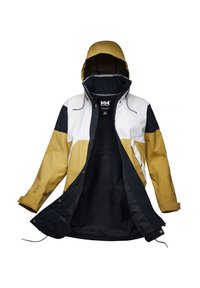 Giacca da esterno colorata con pannelli blu navy, bianchi e senape, realizzata in materiale impermeabile, dotata di cappuccio e chiusura anteriore con zip.