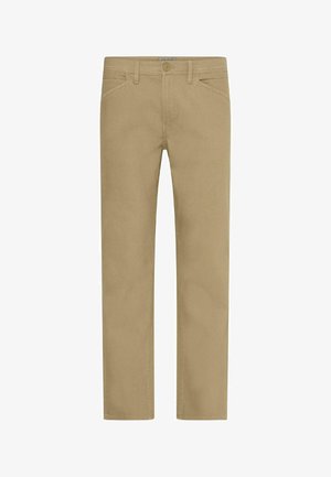 Beige katoenen chino's met een rechte snit, voorzien van een knoopsluiting, riemlussen en zijzakken. Soepele textuur en een strak ontwerp.