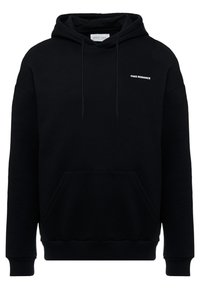 Black hoodie made of soft fabric, featuring a front pocket, drawstrings, and "FAKE ROMANCE" embroidered in white on the chest.