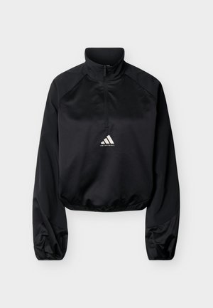 Mustast pikast varrukast spordipluus pool lukuga, kõrge krae ja elastse äärega, esiküljel keskel Adidas korvpallilogoga.