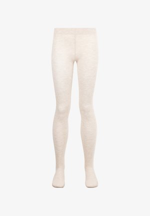 Børnetights i beige, fuld længde med elastisk taljebånd, vist forfra på en hvid baggrund.