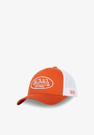 Casquette orange avec côtés en maille blanche, visière courbée, et logo brodé "Von Dutch California" à l'avant. Comprend une petite étiquette de logo sur le côté.