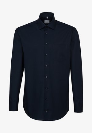 Dunkelblaues Langarmhemd aus glattem Stoff, mit Knopfleiste, einer einzelnen Brusttasche und klassischem Kragen.