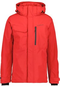Röd vattentät jacka med huva, med dragkedja och ficklock, slät textur, justerbara ärmslut och en något skräddarsydd passform.