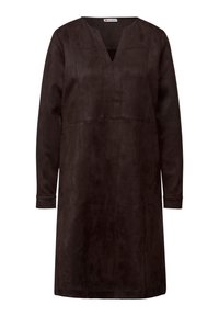 Bruine suede jurk met een V-hals, lange mouwen en een losse fit. Beschikt over subtiele stiksels langs het lijfje en de mouwen.