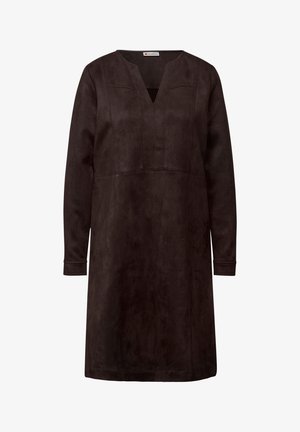 Braunes Wildlederkleid mit V-Ausschnitt, langen Ärmeln und lockerer Passform. Verfügt über subtile Steppdetails entlang des Oberteils und der Ärmel.