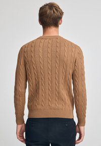 Brauner Pullover mit Zopfmuster, Rundhalsausschnitt und gerippten Bündchen. Glatte Textur mit erhabenem Zopfmuster. Getragen über einer dunklen Hose.