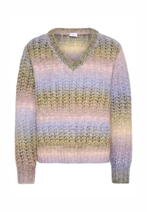 Daugiaspalvis megztinis su V formos iškirpte, su horizontaliais juostelėmis pastelinių atspalvių rožinės, geltonos, mėlynos ir pilkos spalvų, tekstūruotas audinys.