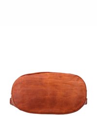 Oval-shaped brown leather bag base with visible stitching and smooth texture on a white background.