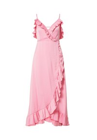 Rotes Kleid mit einem gerafften, geschichteten Saum und Trägern. Besitzt ein Wickeldesign und einen strukturierten Stoff mit leichtem Glanz.