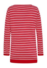 Maglietta a maniche lunghe a strisce rosse e bianche con scollo a barca, texture a costine e orlo rosso uniforme. Design casual adatto per l'uso quotidiano.