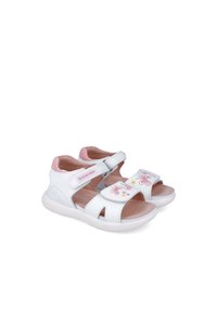 Sandalias blancas con acentos rosas, material sintético, diseño de punta abierta, correa ajustable, patrones florales en la parte superior, plantilla acolchada.