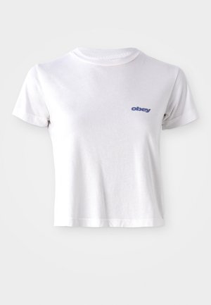 White cotton T-shirt featuring a round neckline and short sleeves, with a small blue "obey" logo on the left chest area.