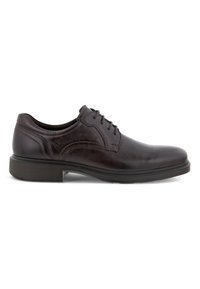 Scarpa da cerimonia in pelle marrone scuro con finitura liscia, punta tonda, chiusura con lacci e suola bassa in gomma nera. Presenta dettagli di cucitura sottili.