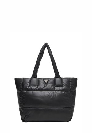 Borsa tote nera imbottita con due manici corti, con un logo triangolare e una texture liscia e lucida. Forma rettangolare con design strutturato.