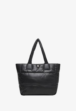 Borsa tote nera imbottita con due manici corti, con un logo triangolare e una texture liscia e lucida. Forma rettangolare con design strutturato.