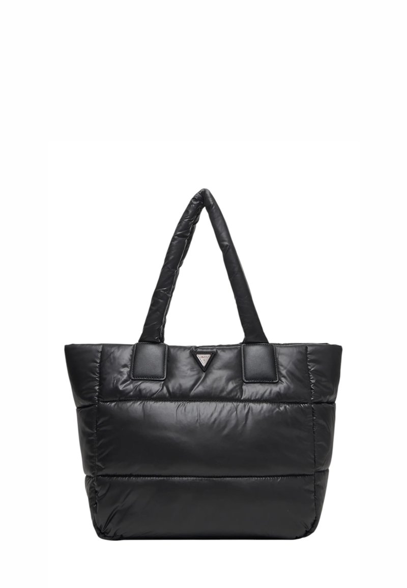 Borsa tote nera imbottita con due manici corti, con un logo triangolare e una texture liscia e lucida. Forma rettangolare con design strutturato.